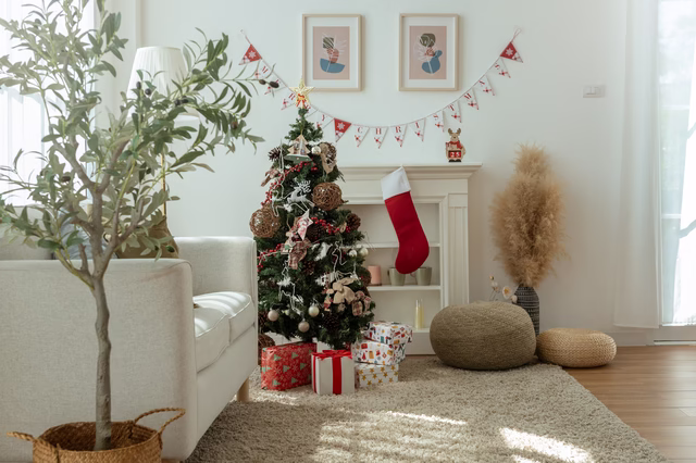 cozy holiday living room decorated with a christmas tree, gifts, and festive elements