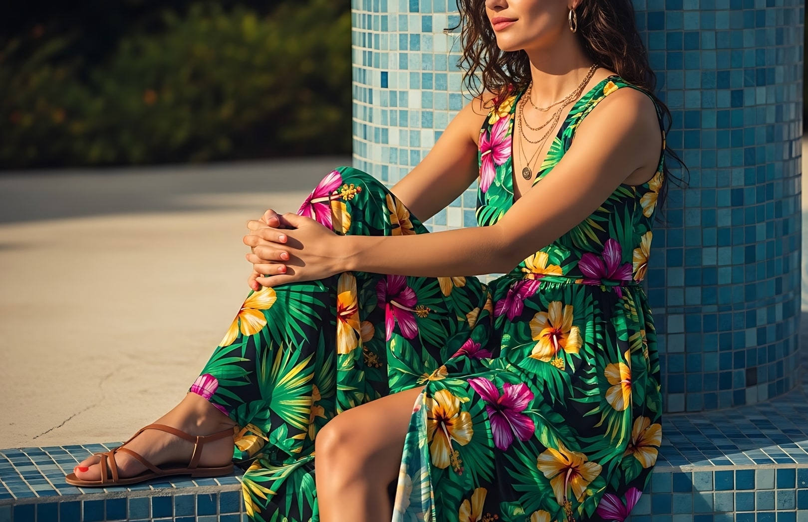 a woman in a tropical print dress