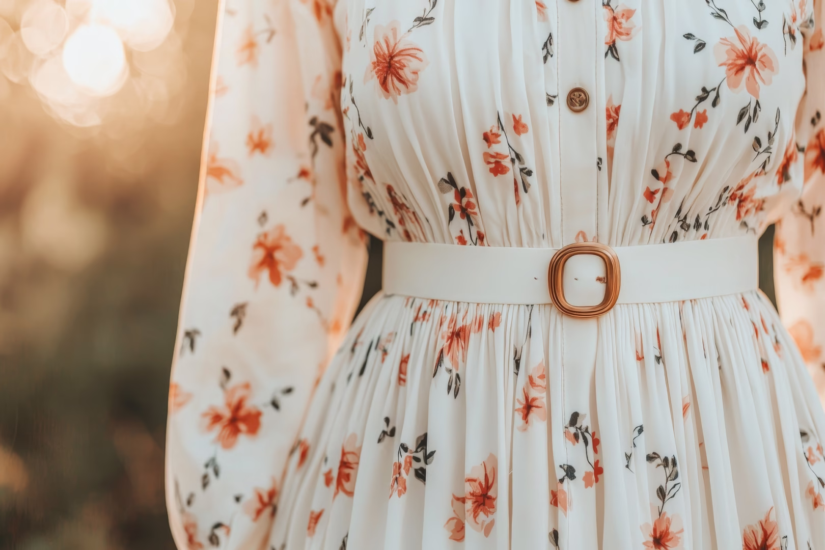 floral dress with a cinched waist and soft background lighting.